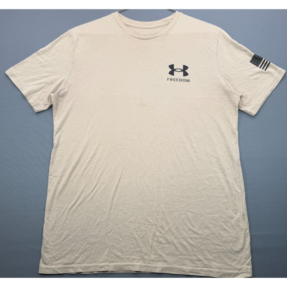 Under Armour Freedom Mens Large Tan T-Shirt Loose Fit American Flag Graphic